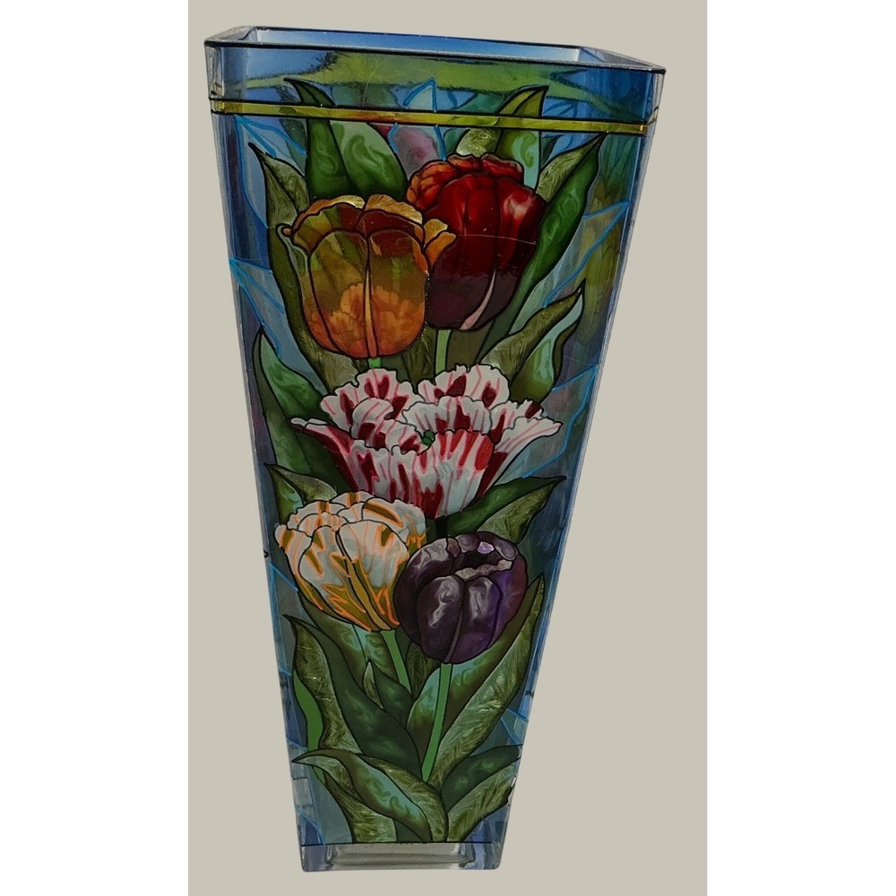 Vintage Stained Glass Style Floral Tulip Tapered Square Glass Vase 10 Inch